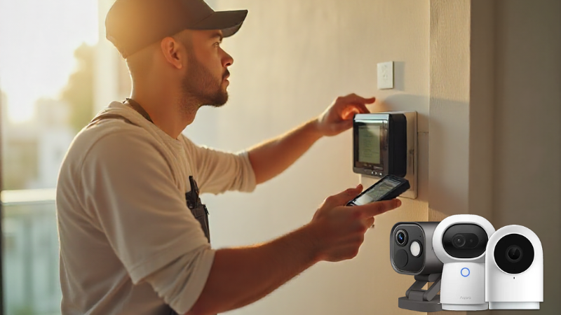 Technician installing a smart home system in a modern home in Lagos, Nigeria, focused on connecting devices